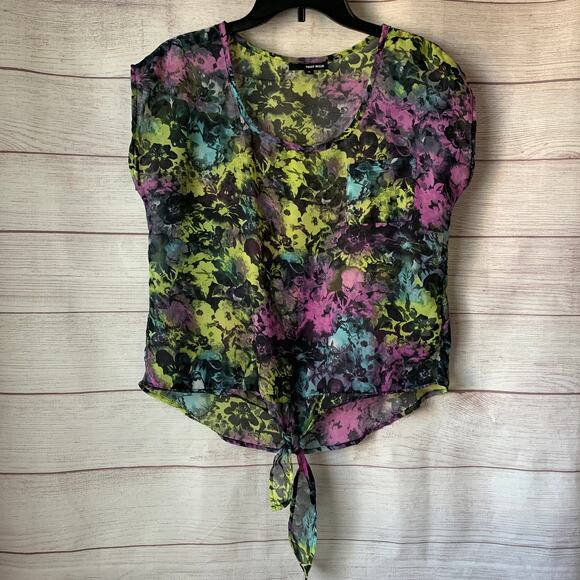 Tally Weijl Multi-Color Floral Blouse Tie Bottom Neon Retro Size 36 - Picture 1 of 15